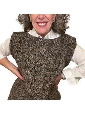 HANDMADE Wool Sweater Vest Cable Knit Stripe Black & Taupe Chunky Knit Pullover
